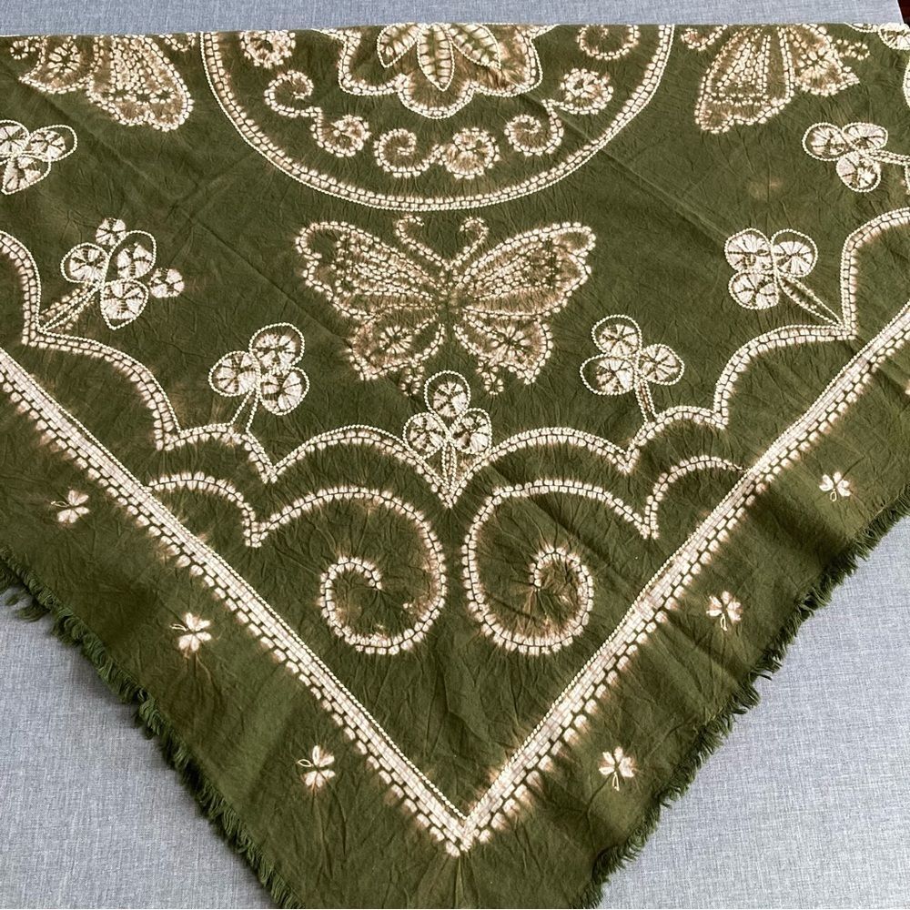 Hand Dyed Scarf Stitched Shibori Embroidered Olive Green Tie Dye 42" Square